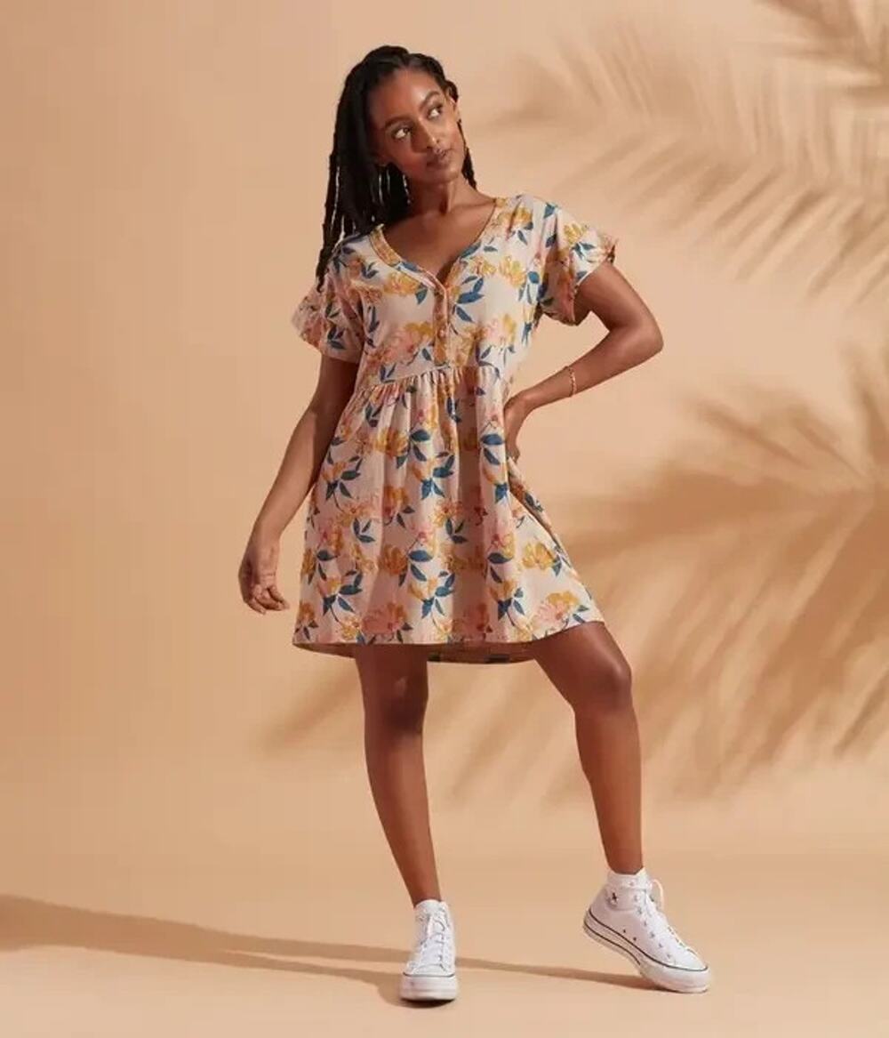 Known Supply Mini Dress Sz L Brown Floral Organic Cotton V-Neck Henley Babydoll